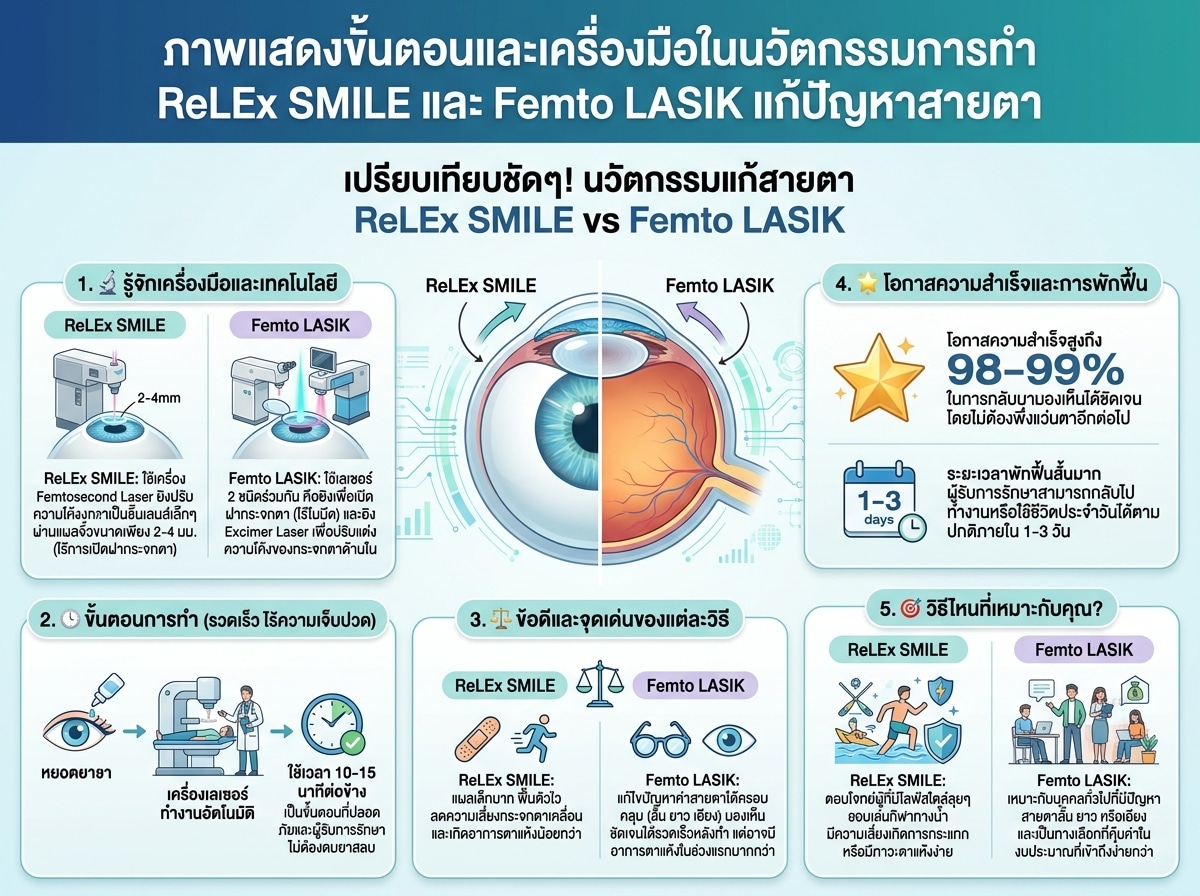 ภาพแสดงขั้นตอนและเครื่องมือในนวัตกรรมการทำ ReLEx SMILE และ Femto LASIK แก้ปัญหาสายตา