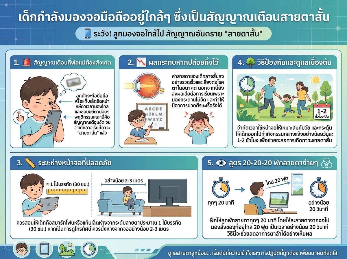 เด็กกำลังมองจอมือถืออยู่ใกล้ๆ ซึ่งเป็นสัญญาณเตือนสายตาสั้น