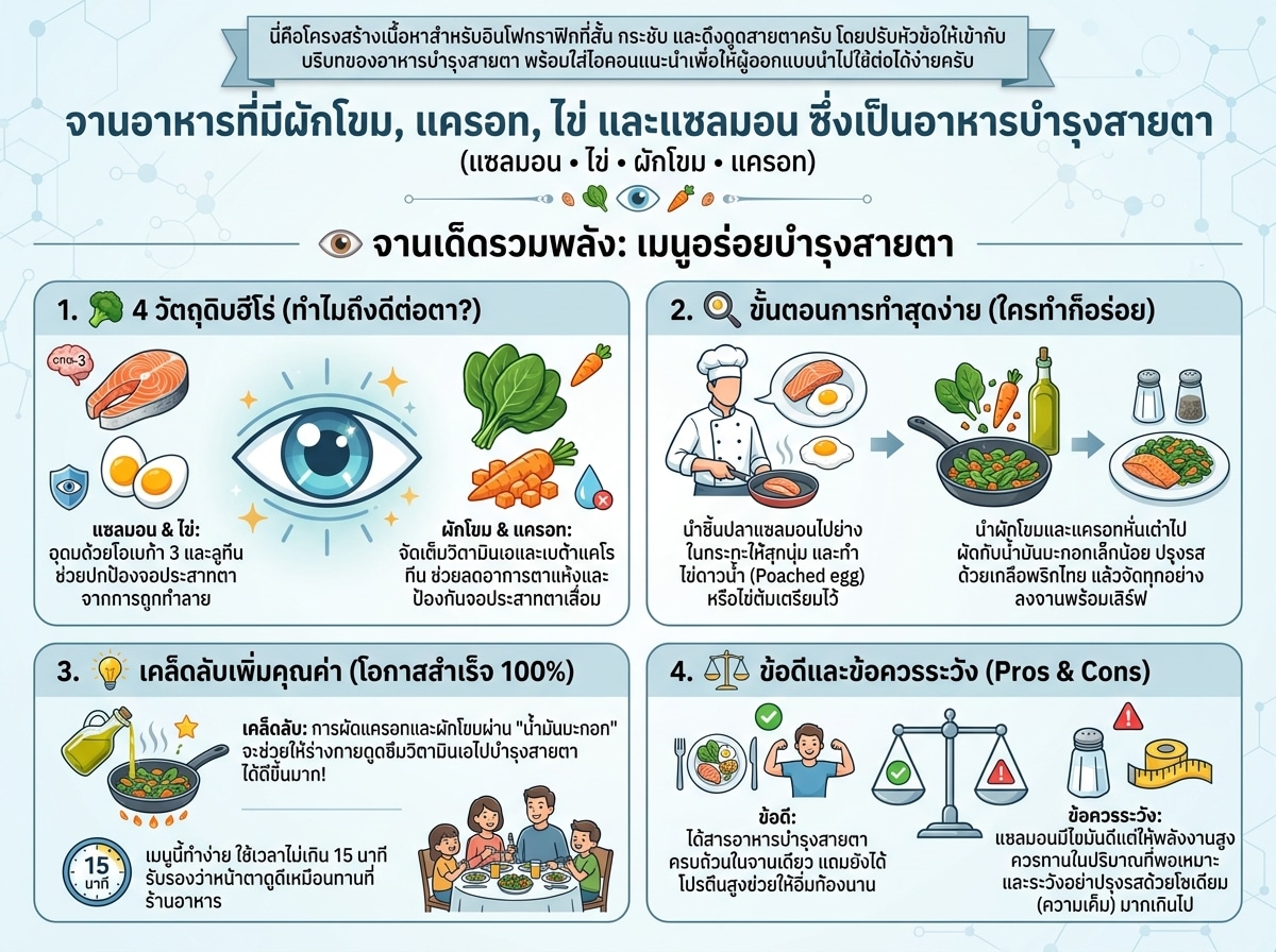 จานอาหารที่มีผักโขม, แครอท, ไข่ และแซลมอน ซึ่งเป็นอาหารบำรุงสายตา