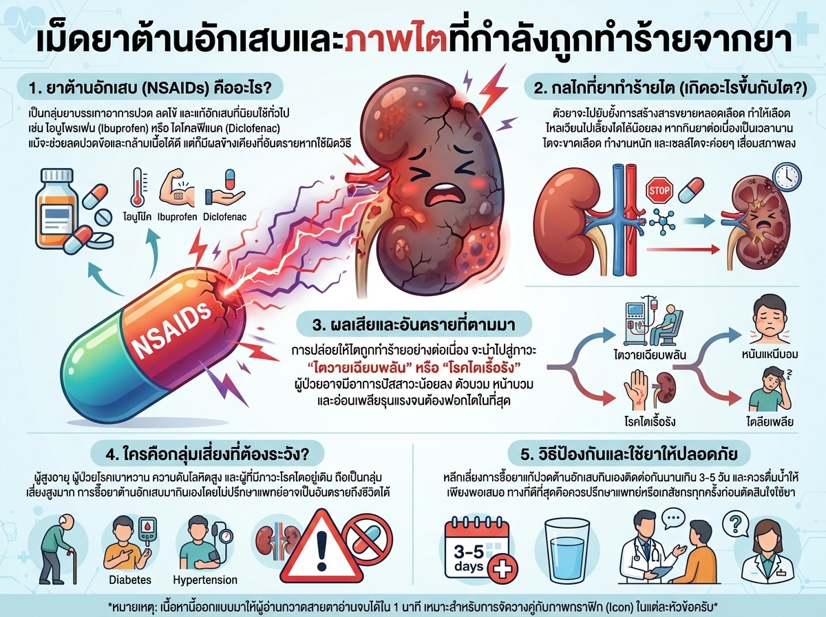 เม็ดยาต้านอักเสบและภาพไตที่กำลังถูกทำร้ายจากยา