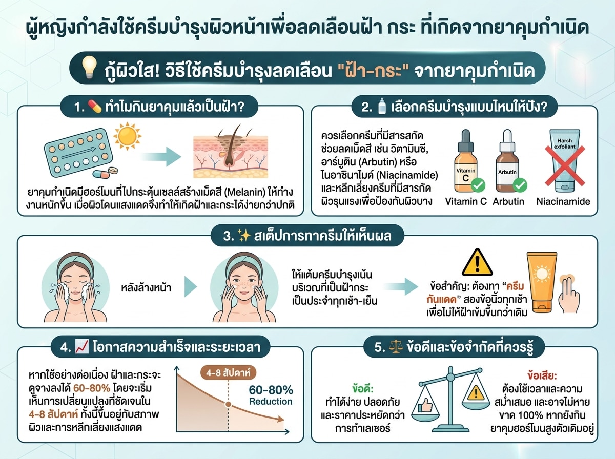 ผู้หญิงกำลังใช้ครีมบำรุงผิวหน้าเพื่อลดเลือนฝ้า กระ ที่เกิดจากยาคุมกำเนิด