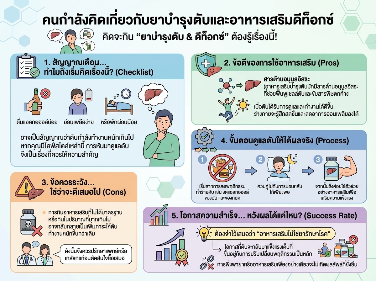 คนกำลังคิดเกี่ยวกับยาบำรุงตับและอาหารเสริมดีท็อกซ์