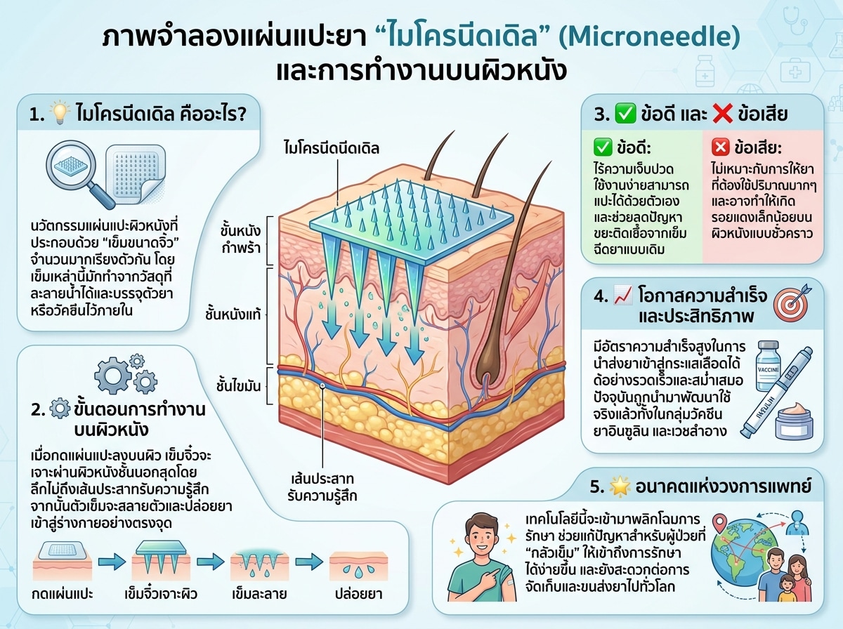 ภาพจำลองแผ่นแปะยาไมโครนีดเดิลและการทำงานบนผิวหนัง