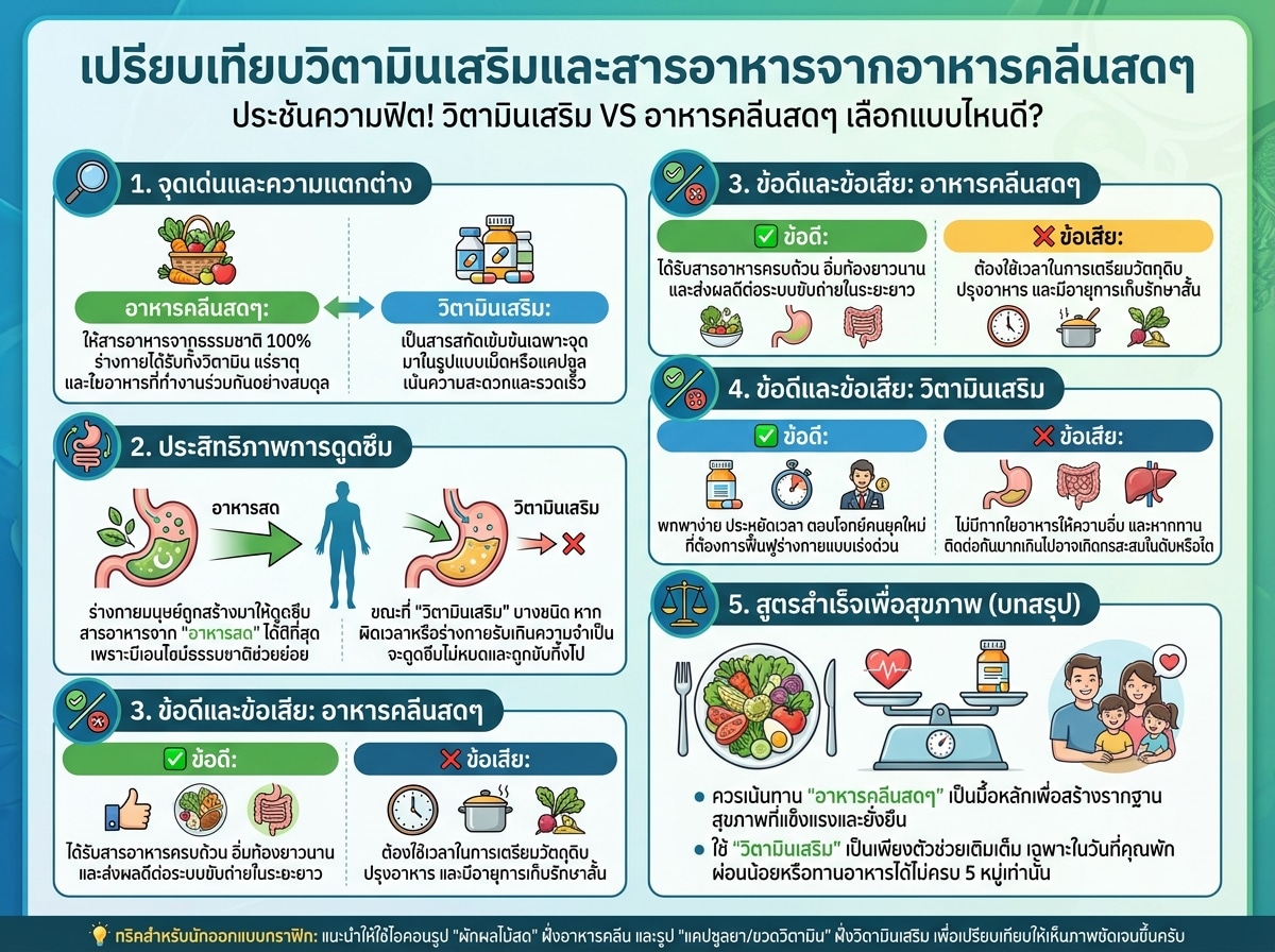 เปรียบเทียบวิตามินเสริมและสารอาหารจากอาหารคลีนสดๆ