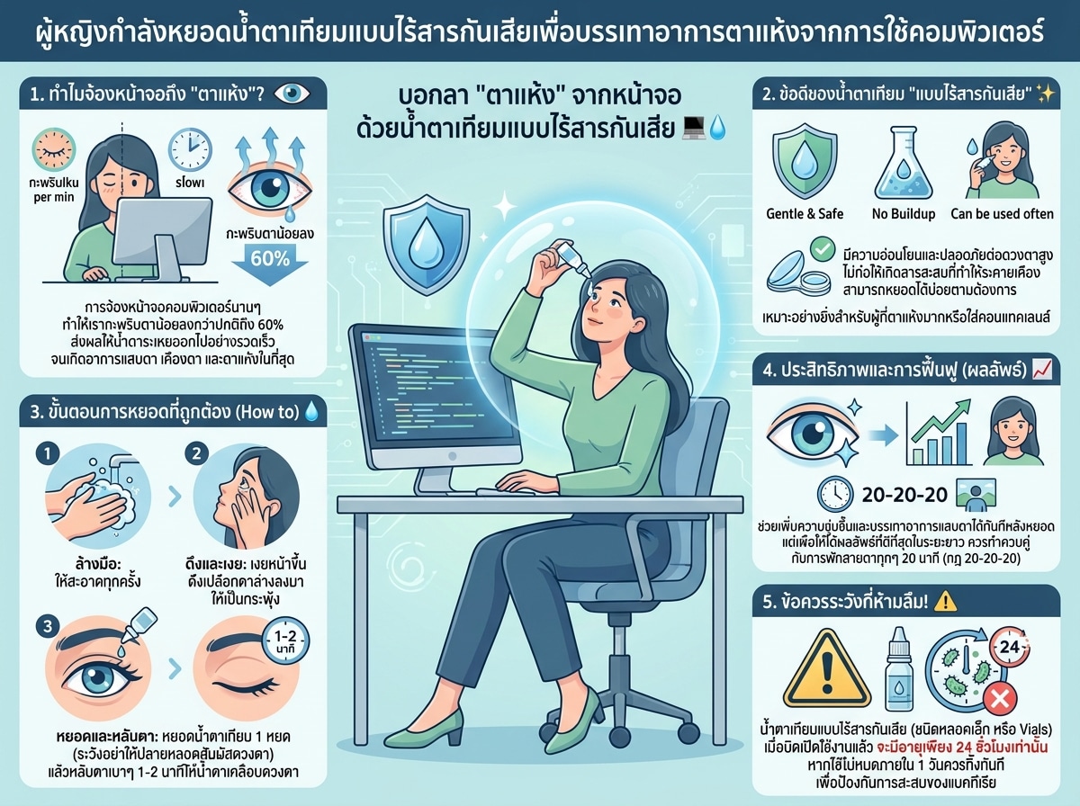 ผู้หญิงกำลังหยอดน้ำตาเทียมแบบไร้สารกันเสียเพื่อบรรเทาอาการตาแห้งจากการใช้คอมพิวเตอร์