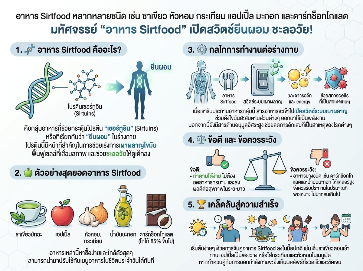 อาหาร Sirtfood หลากหลายชนิด เช่น ชาเขียว หัวหอม กระเทียม แอปเปิ้ล มะกอก และดาร์กช็อกโกแลต