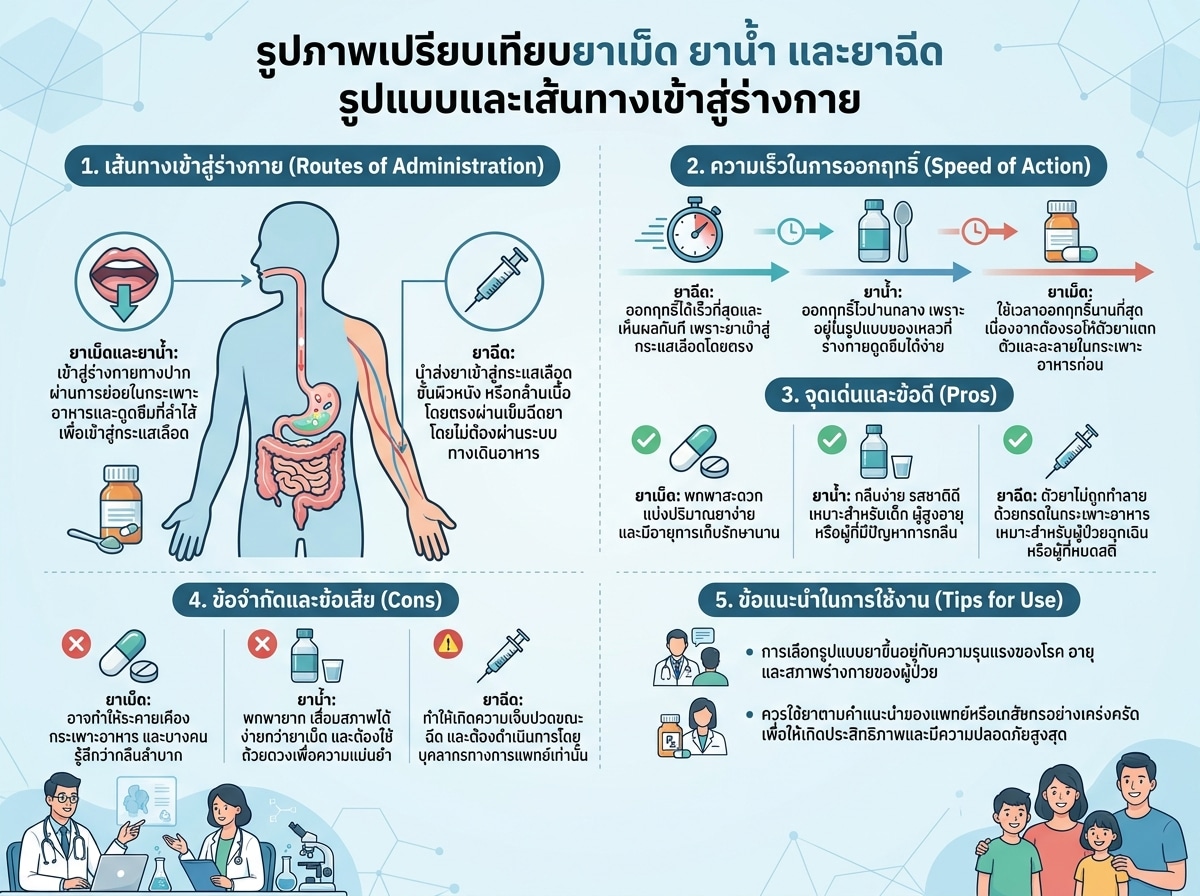 รูปภาพเปรียบเทียบยาเม็ด ยาน้ำ และยาฉีด รูปแบบและเส้นทางเข้าสู่ร่างกาย