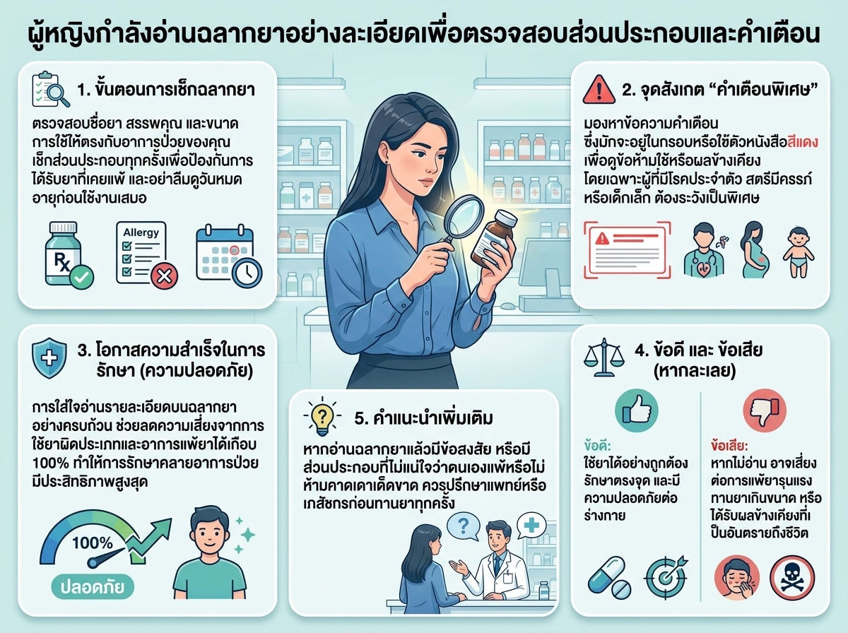 ผู้หญิงกำลังอ่านฉลากยาอย่างละเอียดเพื่อตรวจสอบส่วนประกอบและคำเตือน