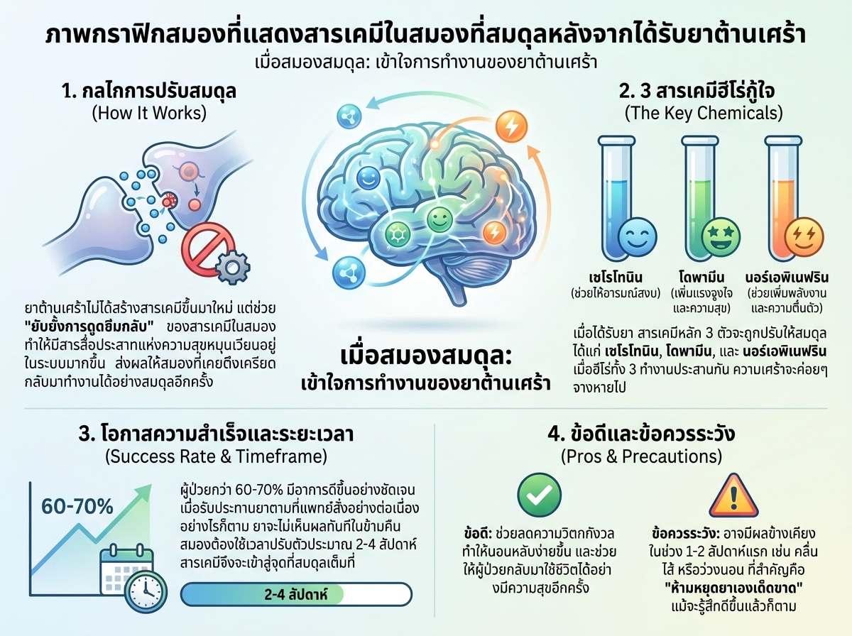 ภาพกราฟิกสมองที่แสดงสารเคมีในสมองที่สมดุลหลังจากได้รับยาต้านเศร้า