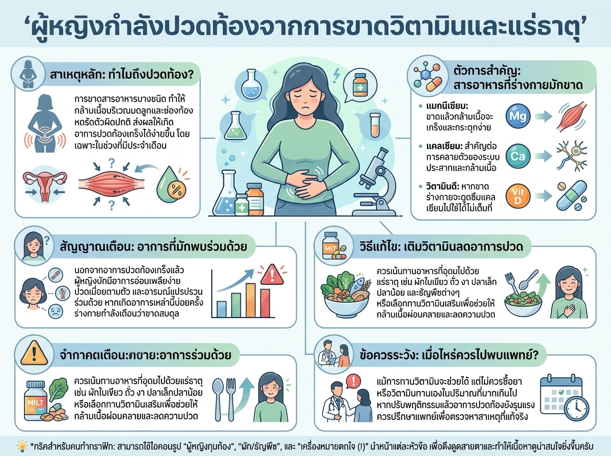 ผู้หญิงกำลังปวดท้องจากการขาดวิตามินและแร่ธาตุ
