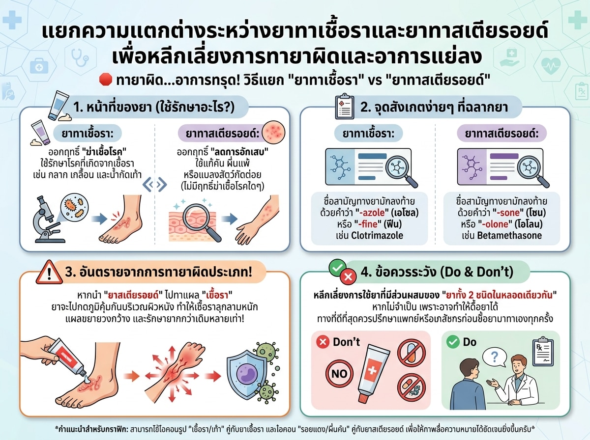 แยกความแตกต่างระหว่างยาทาเชื้อราและยาทาสเตียรอยด์เพื่อหลีกเลี่ยงการทายาผิดและอาการแย่ลง