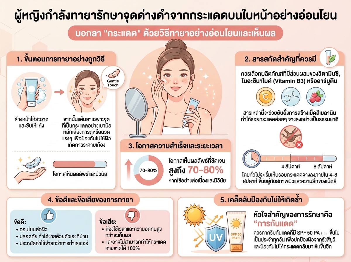 ผู้หญิงกำลังทายารักษาจุดด่างดำจากกระแดดบนใบหน้าอย่างอ่อนโยน