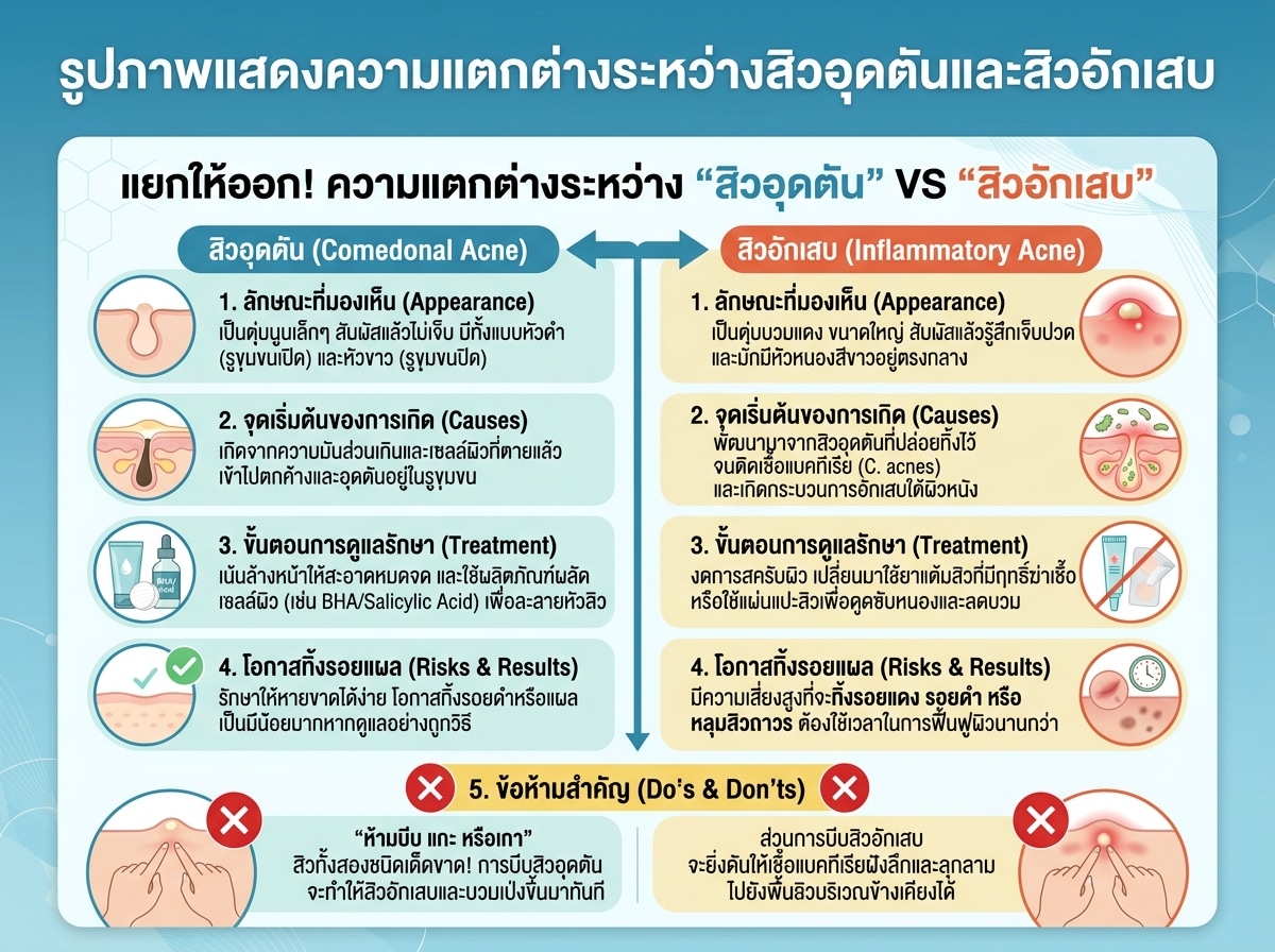 รูปภาพแสดงความแตกต่างระหว่างสิวอุดตันและสิวอักเสบ