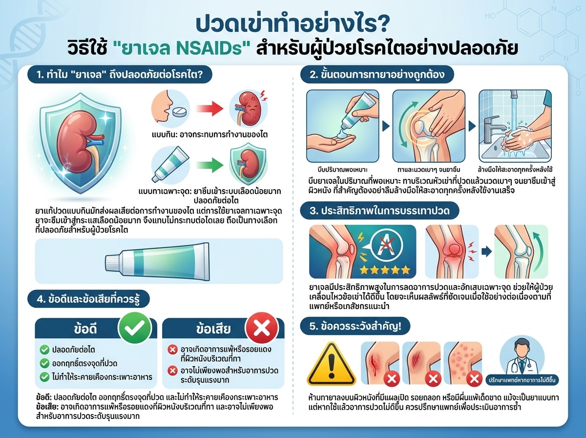 ผู้ป่วยโรคไตกำลังทายา NSAIDs แบบเจลที่หัวเข่าเพื่อบรรเทาอาการปวดอย่างปลอดภัย
