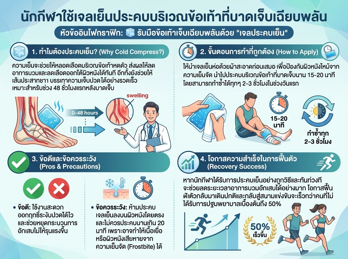 นักกีฬาใช้เจลเย็นประคบบริเวณข้อเท้าที่บาดเจ็บเฉียบพลัน