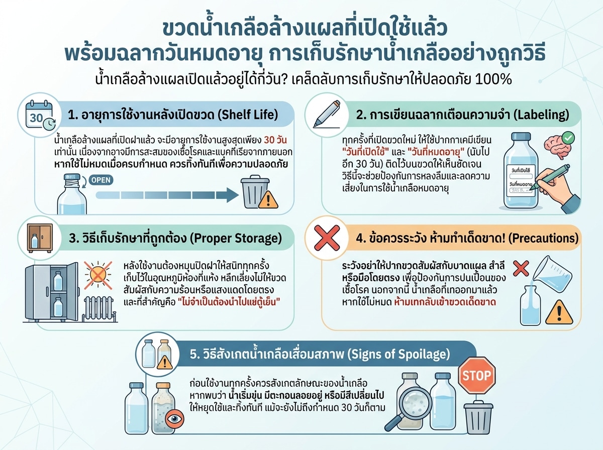 ขวดน้ำเกลือล้างแผลที่เปิดใช้แล้ว พร้อมฉลากวันหมดอายุ การเก็บรักษาน้ำเกลืออย่างถูกวิธี