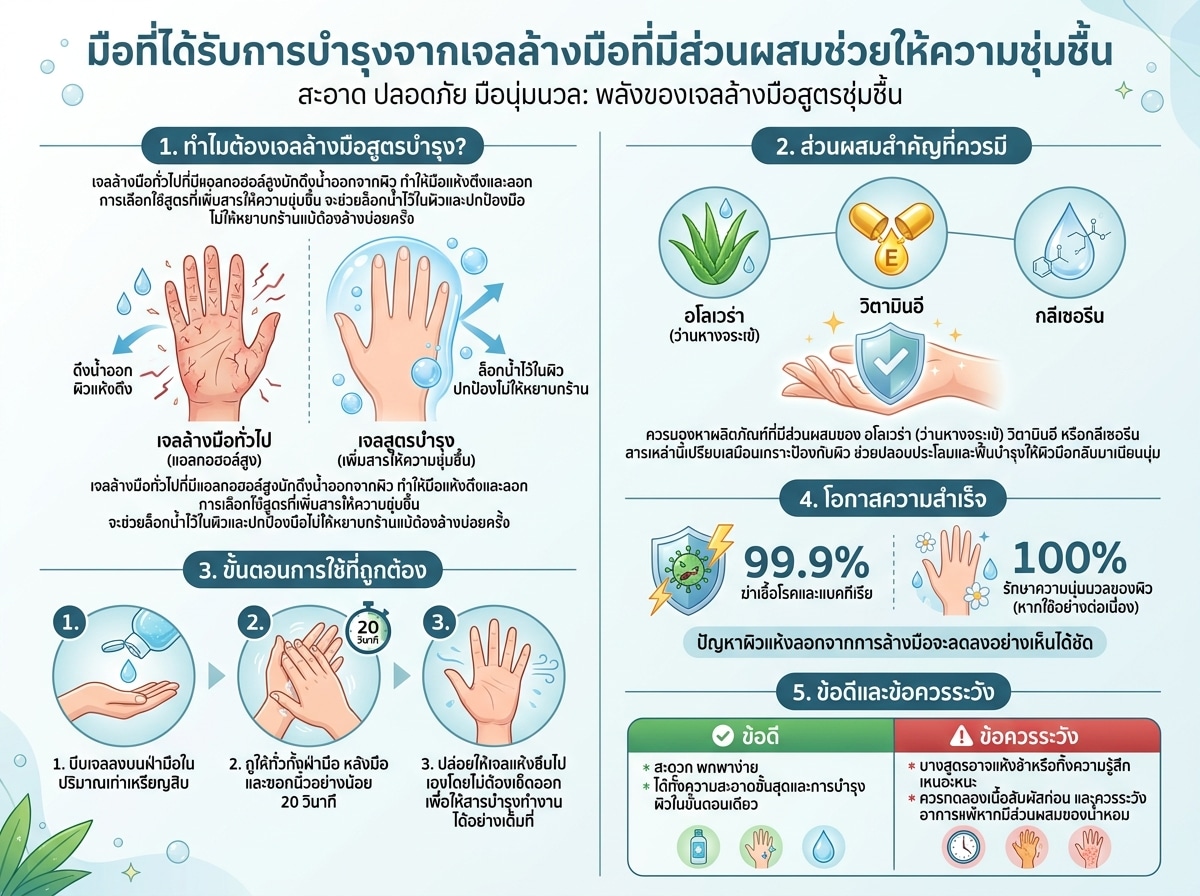 มือที่ได้รับการบำรุงจากเจลล้างมือที่มีส่วนผสมช่วยให้ความชุ่มชื้น