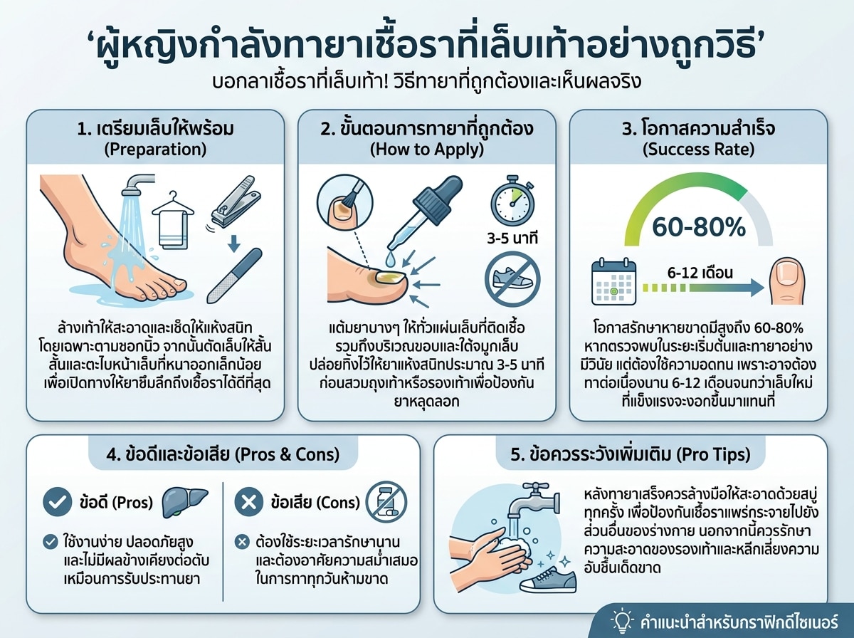 ผู้หญิงกำลังทายาเชื้อราที่เล็บเท้าอย่างถูกวิธี