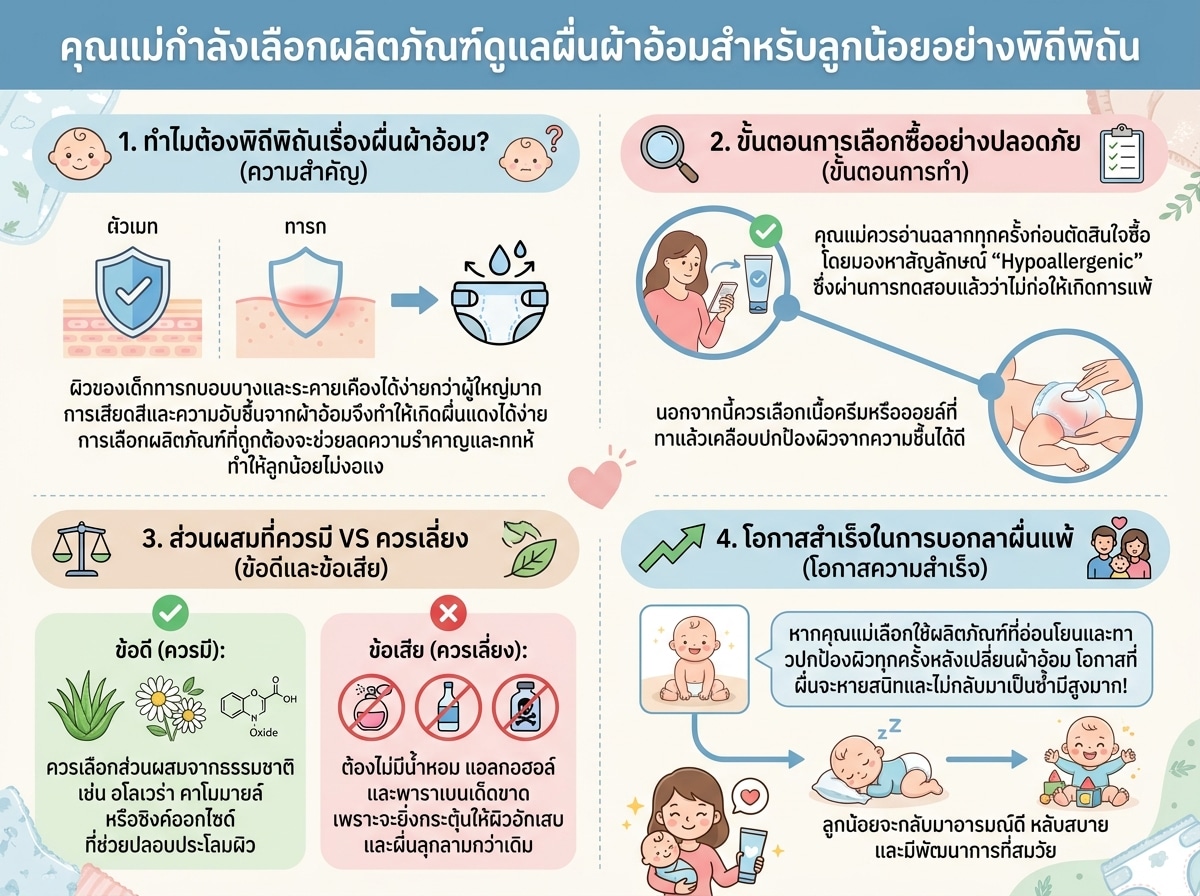 คุณแม่กำลังเลือกผลิตภัณฑ์ดูแลผื่นผ้าอ้อมสำหรับลูกน้อยอย่างพิถีพิถัน