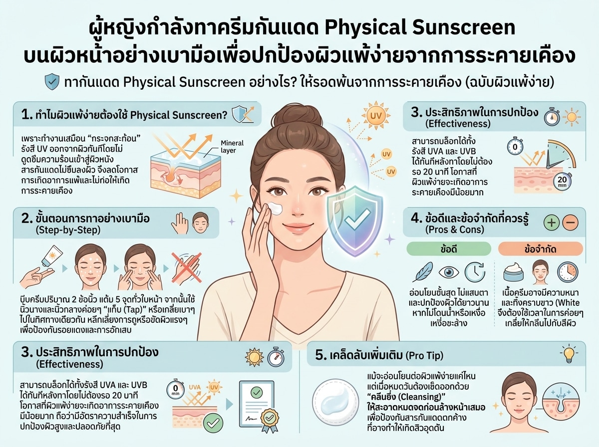 ผู้หญิงกำลังทาครีมกันแดด Physical Sunscreen บนผิวหน้าอย่างเบามือเพื่อปกป้องผิวแพ้ง่ายจากการระคายเคือง