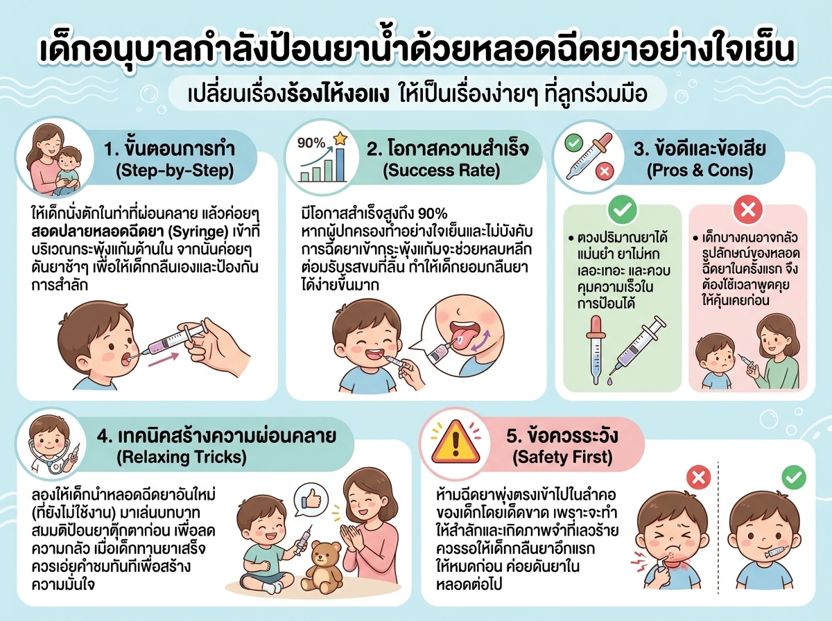 เด็กอนุบาลกำลังป้อนยาน้ำด้วยหลอดฉีดยาอย่างใจเย็น