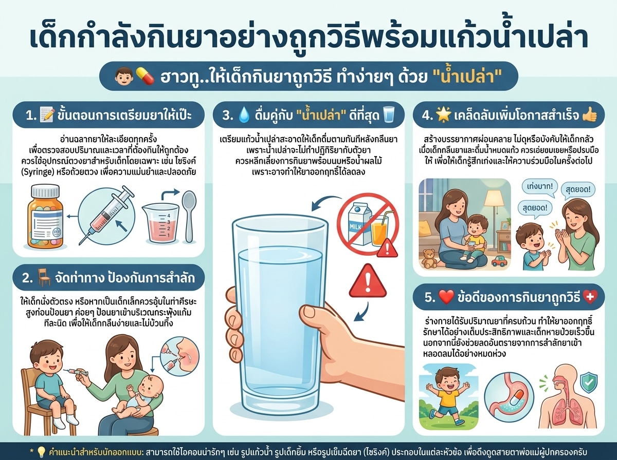 เด็กกำลังกินยาอย่างถูกวิธีพร้อมแก้วน้ำเปล่า