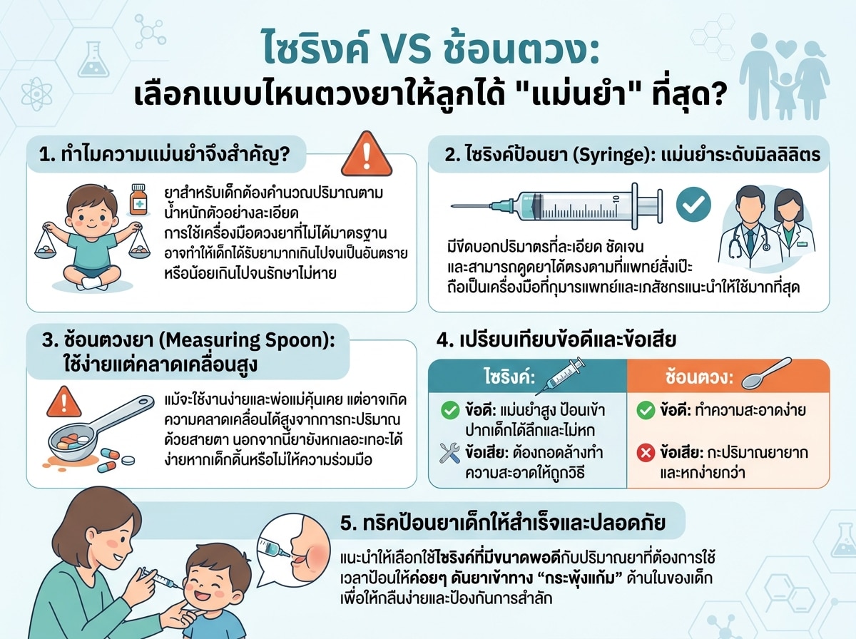 ไซริงค์ยาและช้อนตวงเปรียบเทียบความแม่นยำในการให้ยาเด็ก