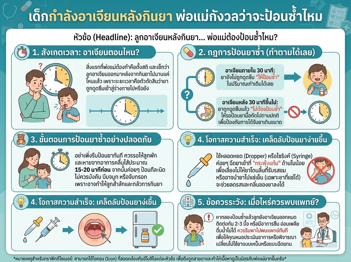 เด็กกำลังอาเจียนหลังกินยา พ่อแม่กังวลว่าจะป้อนซ้ำไหม