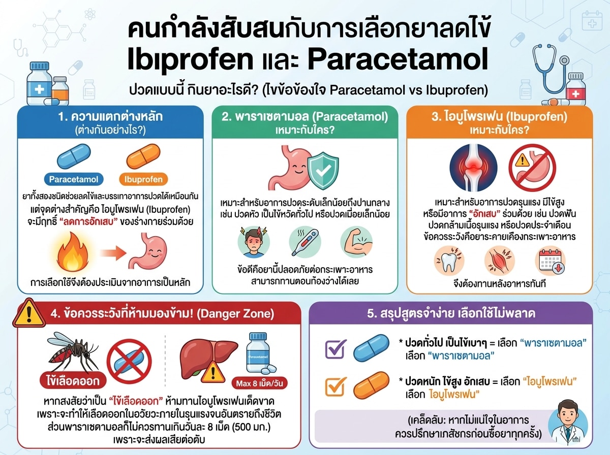 คนกำลังสับสนกับการเลือกยาลดไข้ Ibuprofen และ Paracetamol