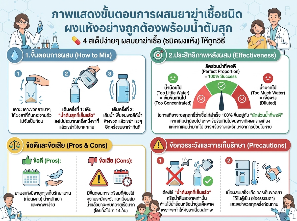 ภาพแสดงขั้นตอนการผสมยาฆ่าเชื้อชนิดผงแห้งอย่างถูกต้องพร้อมน้ำต้มสุก