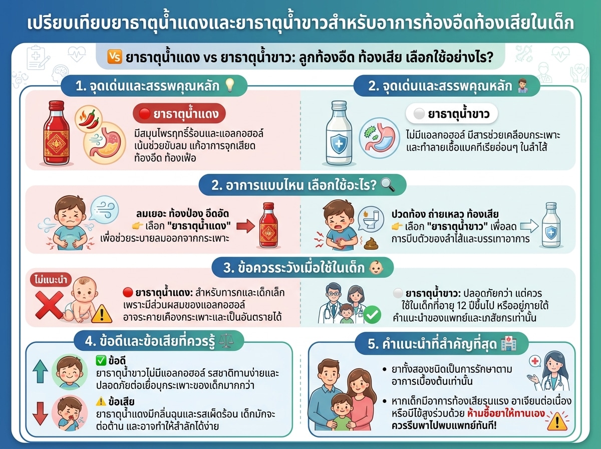 เปรียบเทียบยาธาตุน้ำแดงและยาธาตุน้ำขาวสำหรับอาการท้องอืดท้องเสียในเด็ก