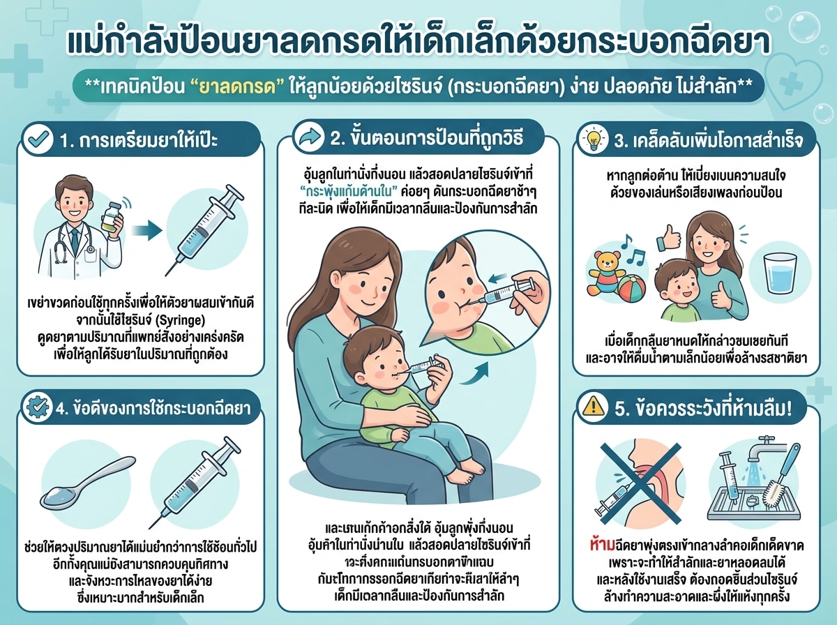 แม่กำลังป้อนยาลดกรดให้เด็กเล็กด้วยกระบอกฉีดยา