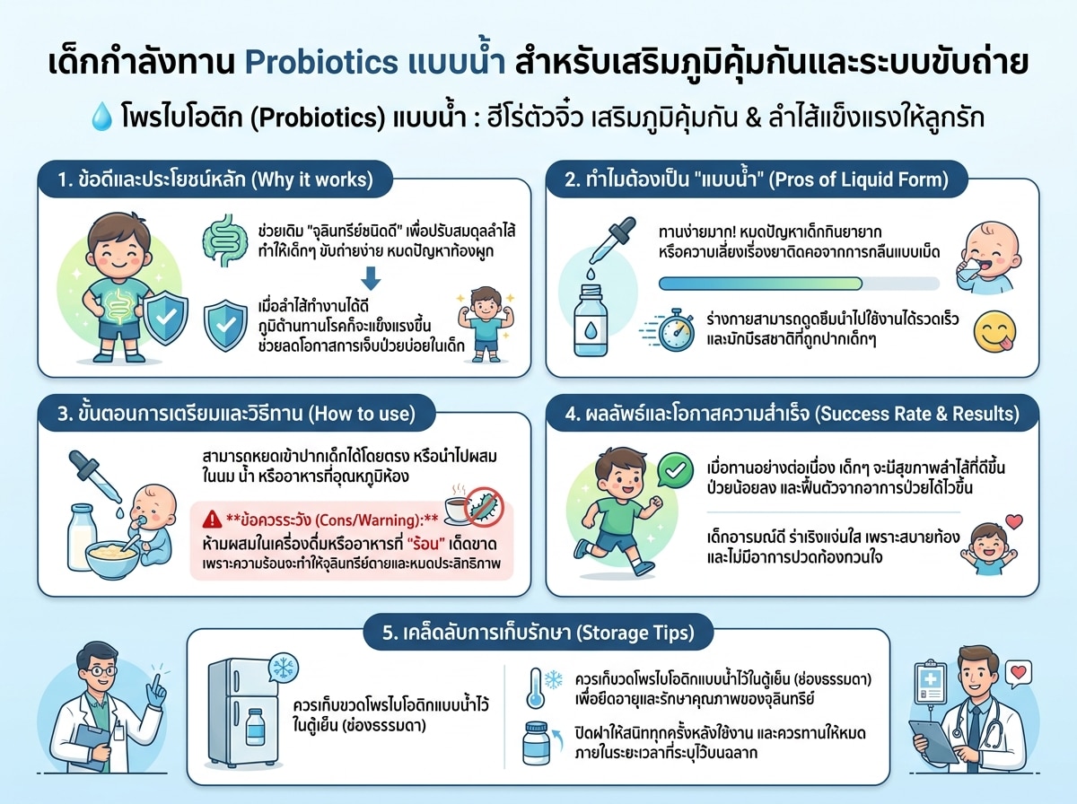เด็กกำลังทาน Probiotics แบบน้ำ สำหรับเสริมภูมิคุ้มกันและระบบขับถ่าย