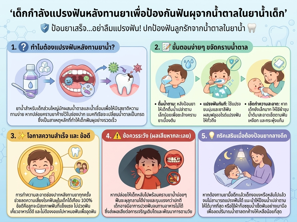 เด็กกำลังแปรงฟันหลังทานยาเพื่อป้องกันฟันผุจากน้ำตาลในยาน้ำเด็ก