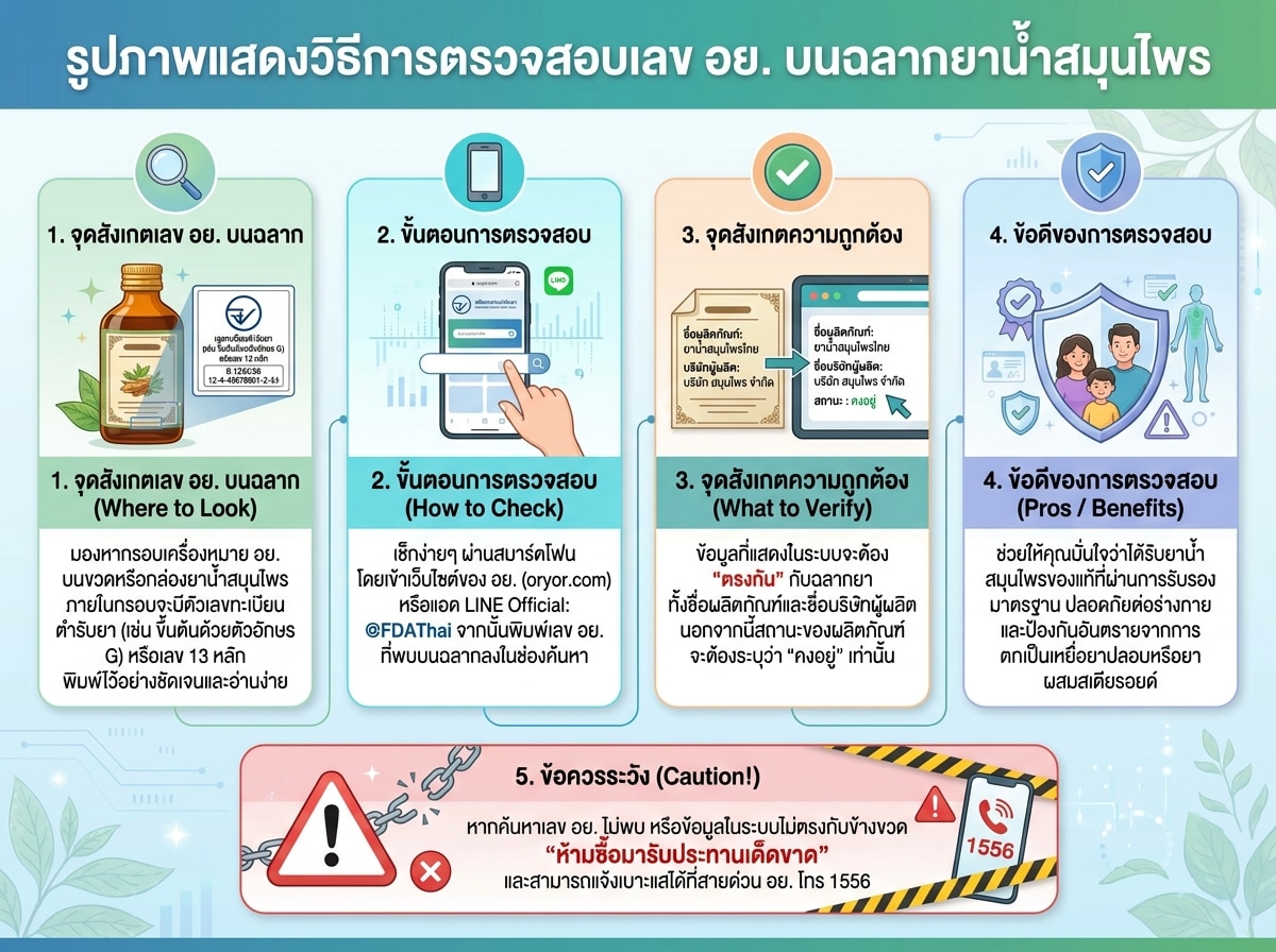 รูปภาพแสดงวิธีการตรวจสอบเลข อย. บนฉลากยาน้ำสมุนไพร