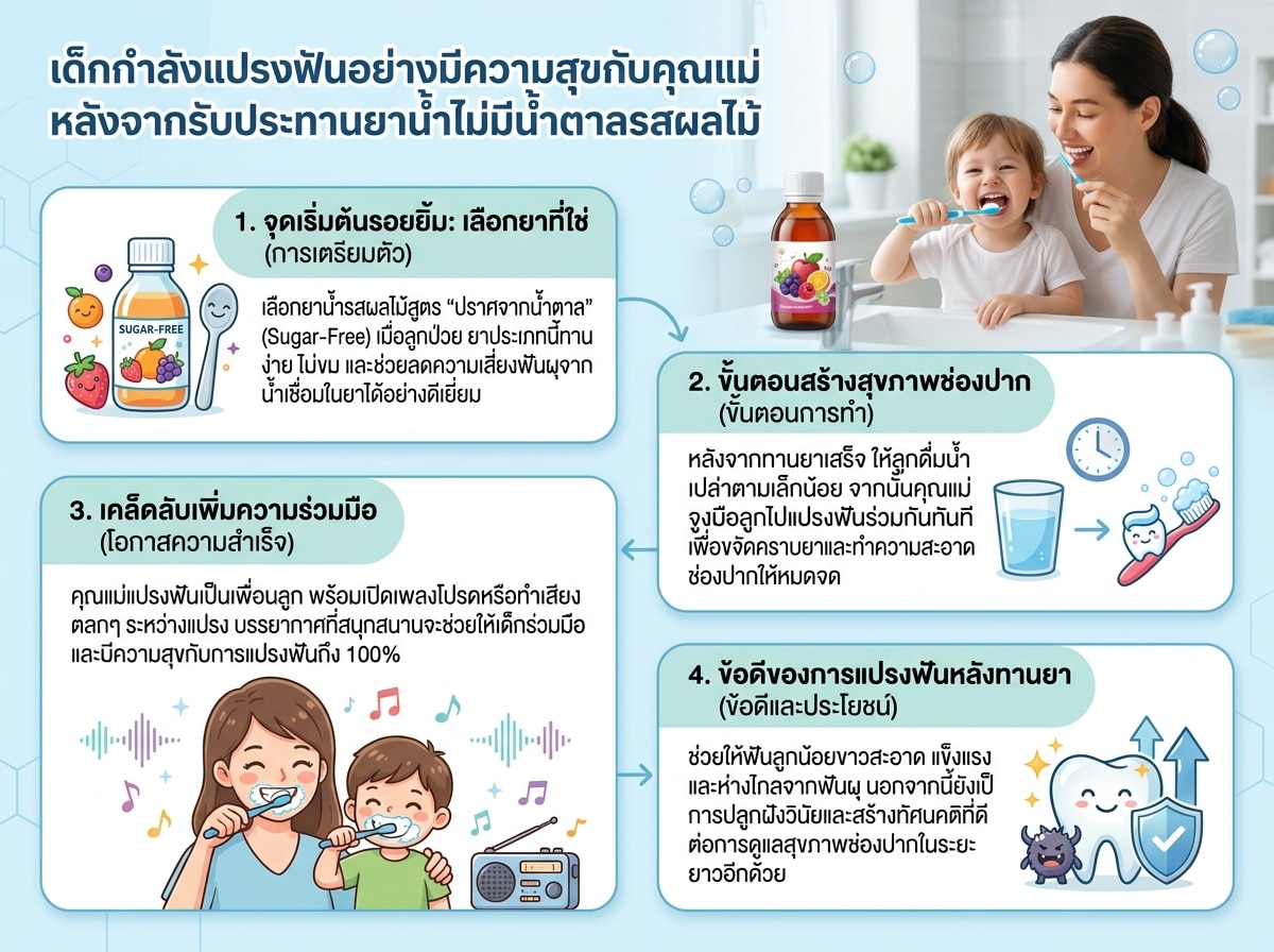 เด็กกำลังแปรงฟันอย่างมีความสุขกับคุณแม่ หลังจากรับประทานยาน้ำไม่มีน้ำตาลรสผลไม้