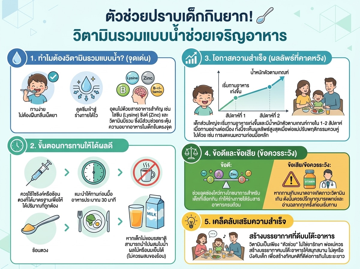 เด็กกำลังกินวิตามินรวมแบบน้ำเพื่อช่วยเจริญอาหาร