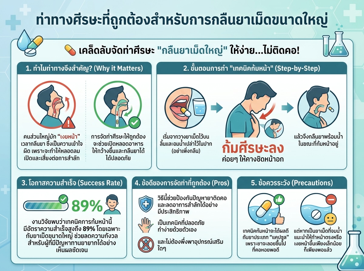 ท่าทางศีรษะที่ถูกต้องสำหรับการกลืนยาเม็ดขนาดใหญ่