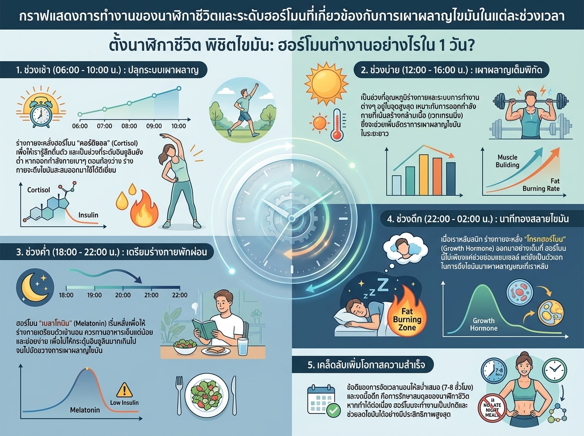กราฟแสดงการทำงานของนาฬิกาชีวิตและระดับฮอร์โมนที่เกี่ยวข้องกับการเผาผลาญไขมันในแต่ละช่วงเวลา