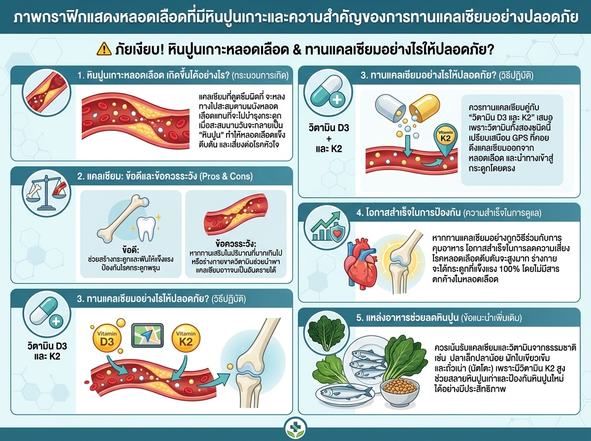 ภาพกราฟิกแสดงหลอดเลือดที่มีหินปูนเกาะและความสำคัญของการทานแคลเซียมอย่างปลอดภัย