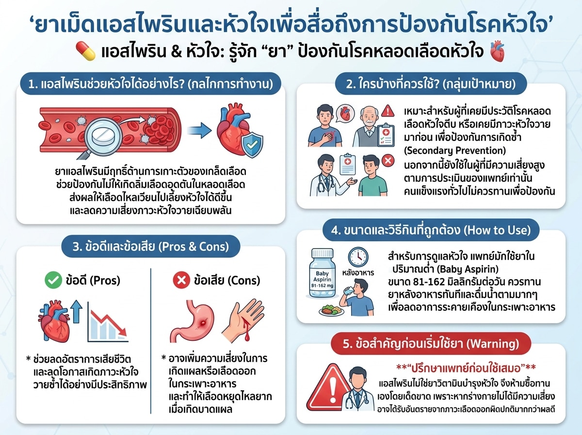 ยาเม็ดแอสไพรินและหัวใจเพื่อสื่อถึงการป้องกันโรคหัวใจ