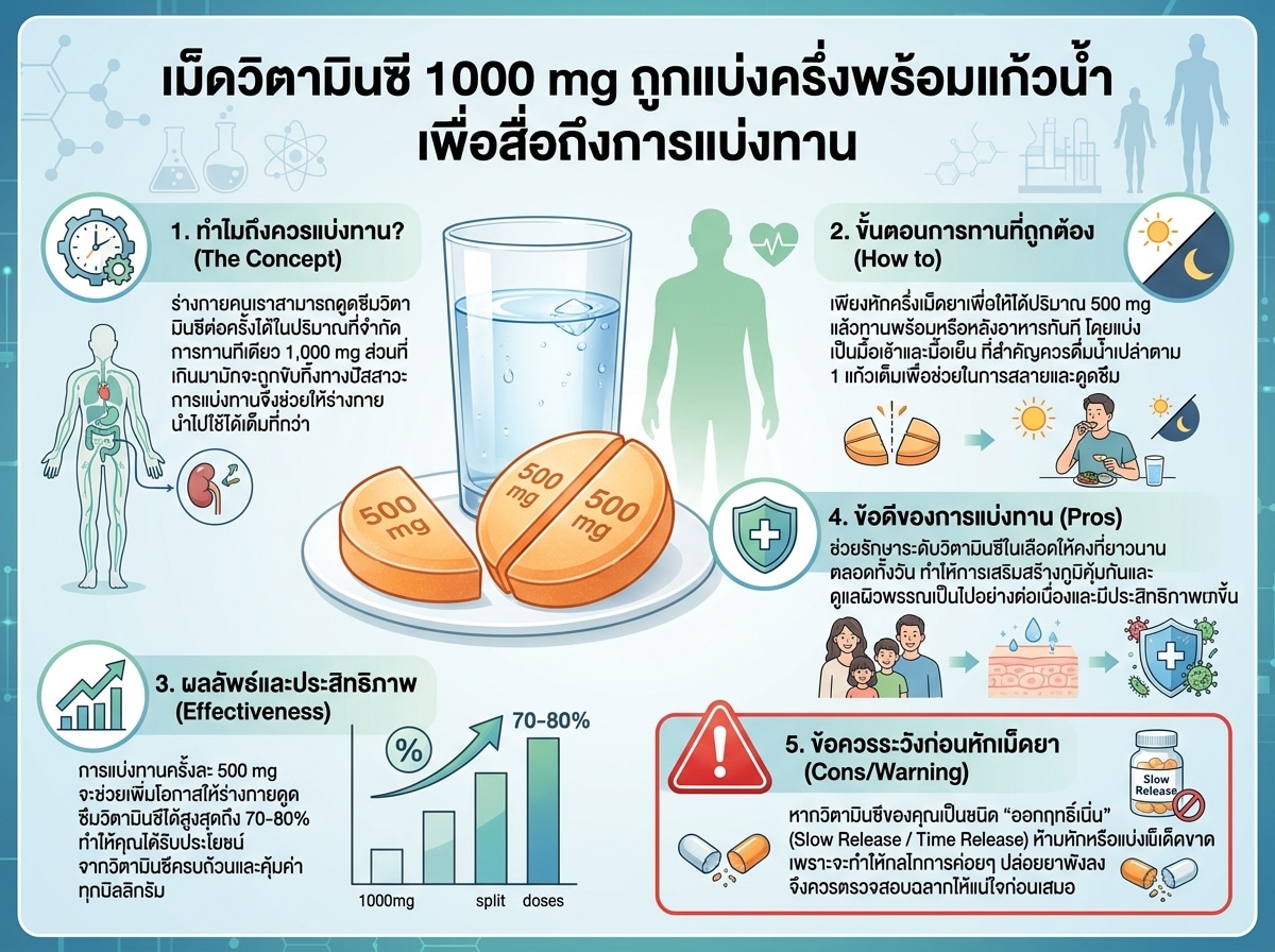 เม็ดวิตามินซี 1000 mg ถูกแบ่งครึ่งพร้อมแก้วน้ำ เพื่อสื่อถึงการแบ่งทาน