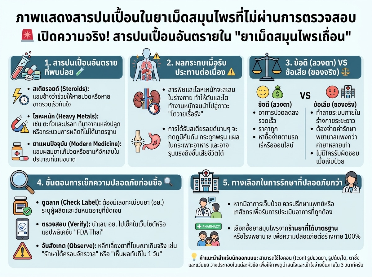 ภาพแสดงสารปนเปื้อนในยาเม็ดสมุนไพรที่ไม่ผ่านการตรวจสอบ