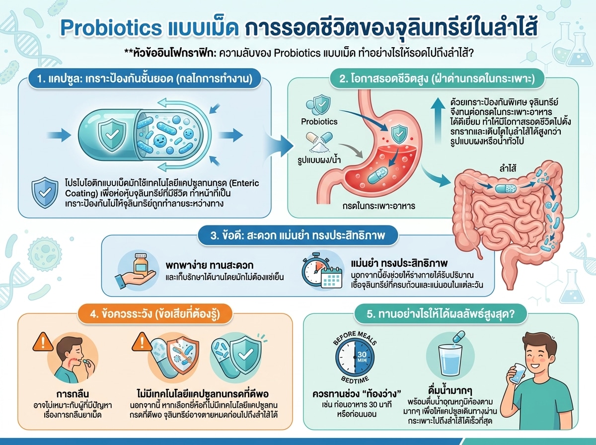 Probiotics แบบเม็ด การรอดชีวิตของจุลินทรีย์ในลำไส้
