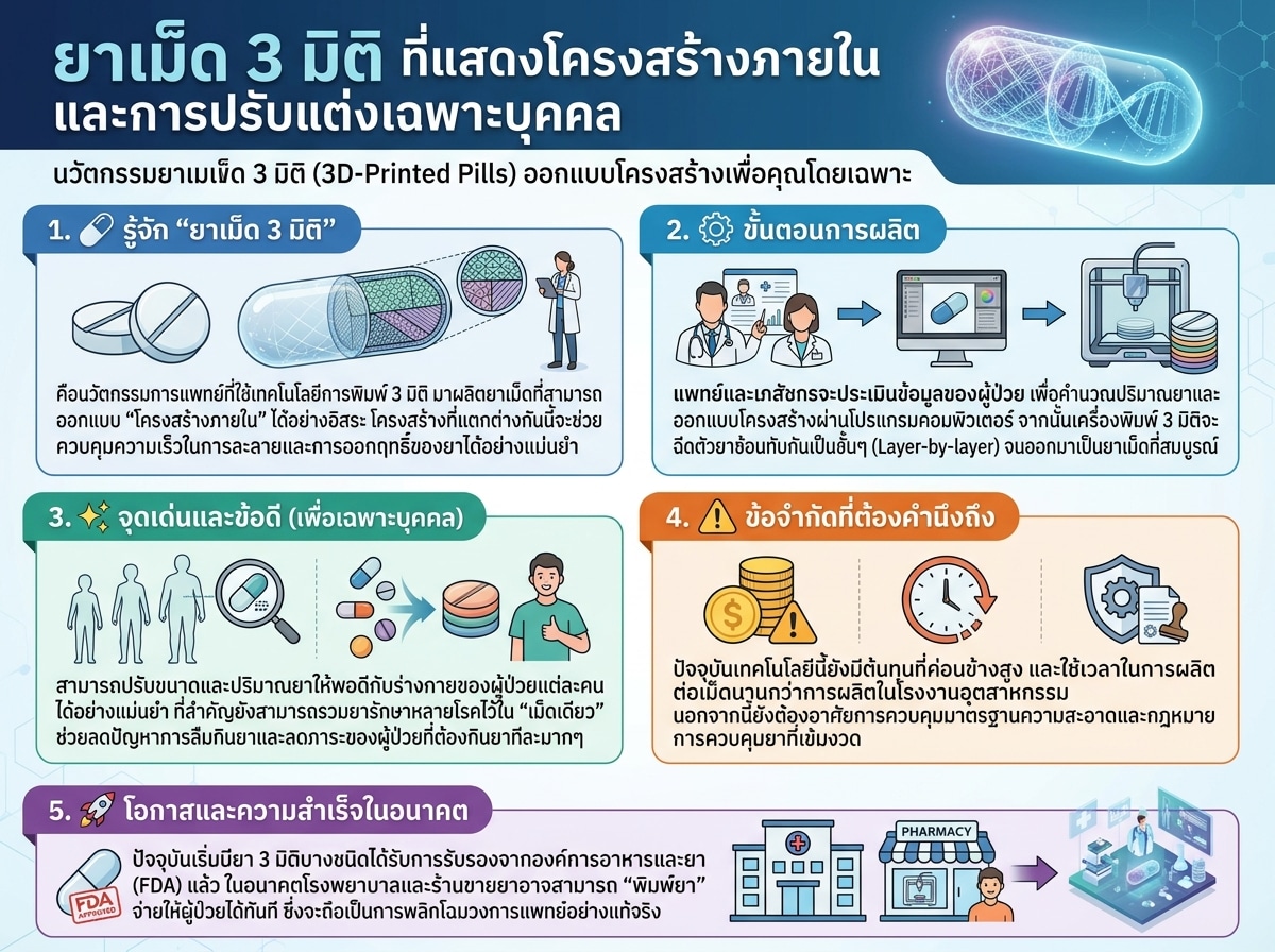 ยาเม็ด 3 มิติ ที่แสดงโครงสร้างภายในและการปรับแต่งเฉพาะบุคคล