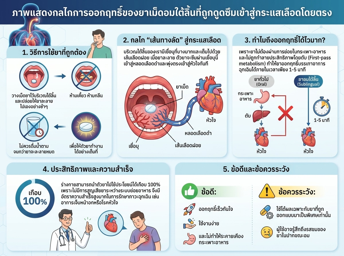 ภาพแสดงกลไกการออกฤทธิ์ของยาเม็ดอมใต้ลิ้นที่ถูกดูดซึมเข้าสู่กระแสเลือดโดยตรง