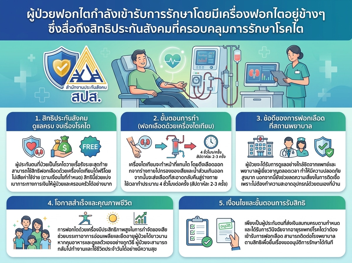 ผู้ป่วยฟอกไตกำลังเข้ารับการรักษาโดยมีเครื่องฟอกไตอยู่ข้างๆ ซึ่งสื่อถึงสิทธิประกันสังคมที่ครอบคลุมการรักษาโรคไต