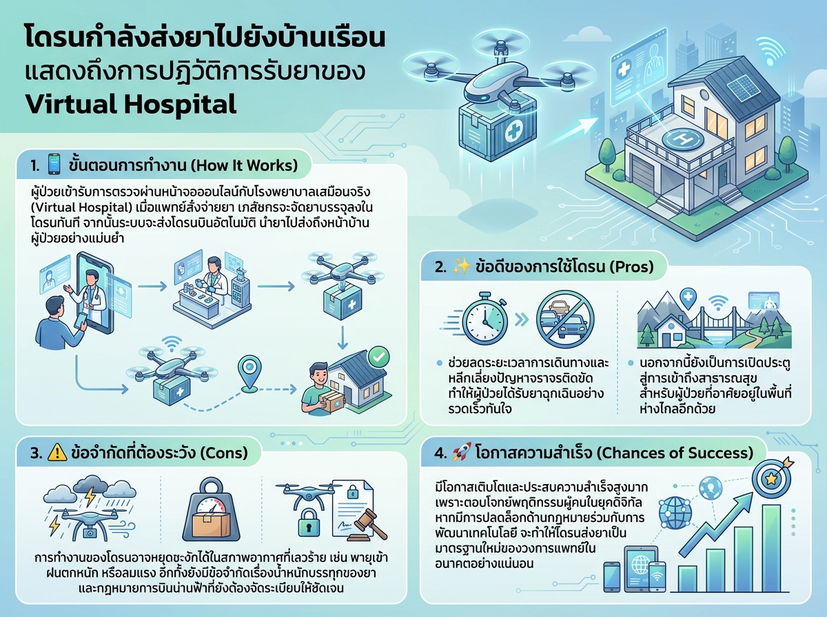 โดรนกำลังส่งยาไปยังบ้านเรือน แสดงถึงการปฏิวัติการรับยาของ Virtual Hospital