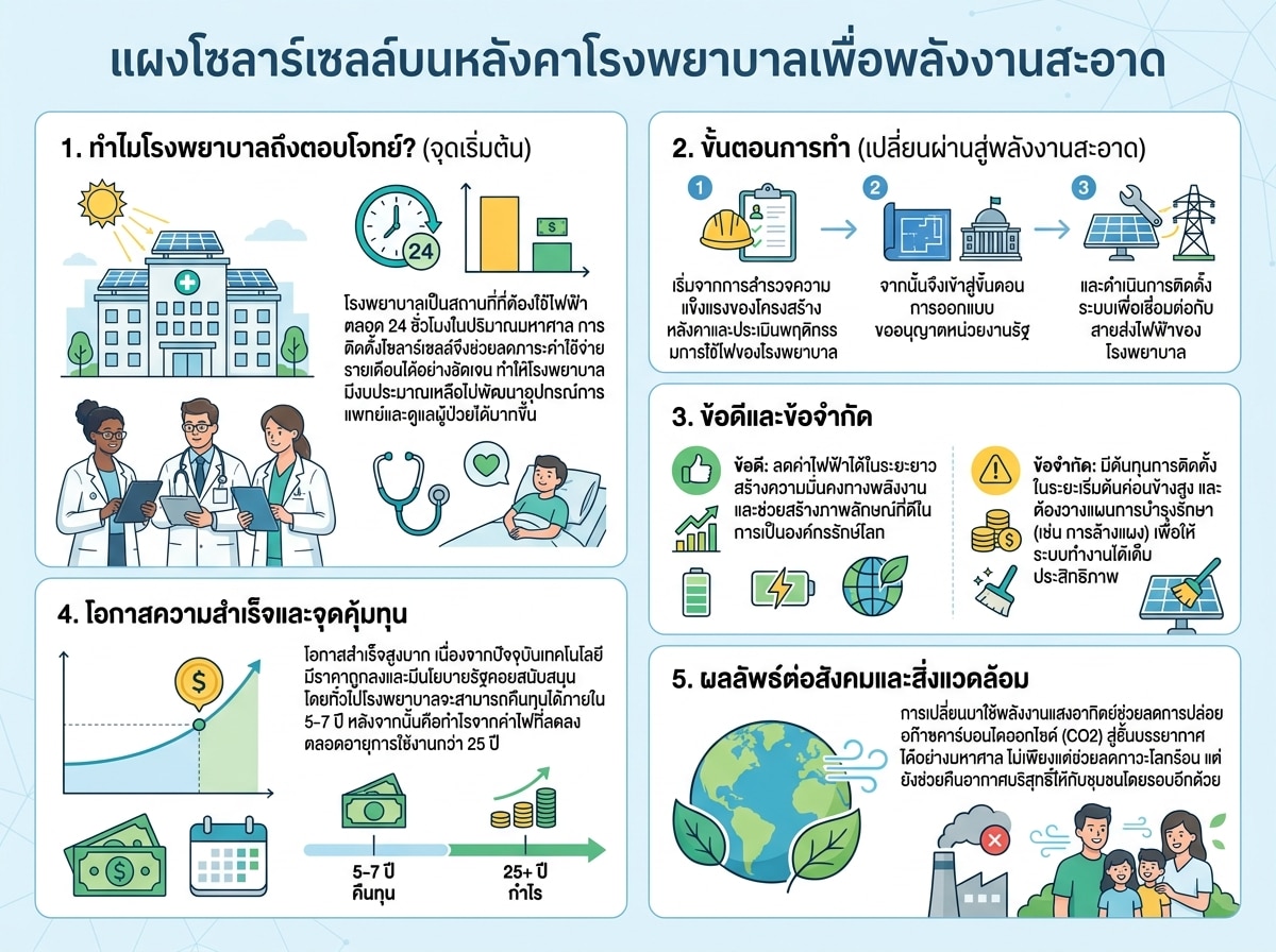 แผงโซลาร์เซลล์บนหลังคาโรงพยาบาลเพื่อพลังงานสะอาด