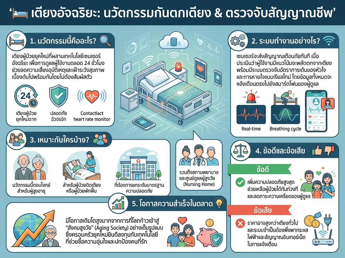 เตียงอัจฉริยะพร้อมระบบเซนเซอร์ป้องกันการตกเตียงและตรวจจับสัญญาณชีพ